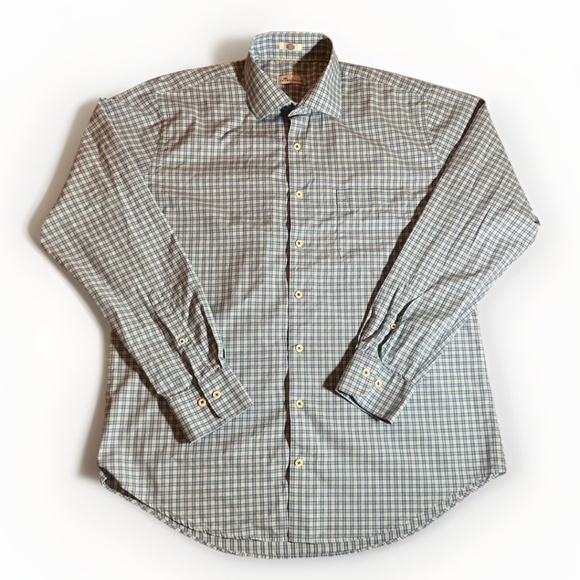 Peter Millar Mens L Plaid Dress Shirt Blue Tan Check 100% Cotton Button Down top - Picture 11 of 14